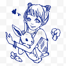 可爱手绘线稿图片_日漫风格少女与兔子可爱手绘线稿