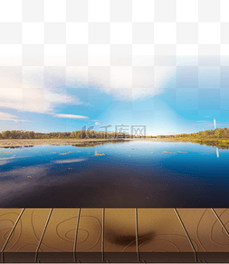木板路图片_蓝色河塘木板路风景