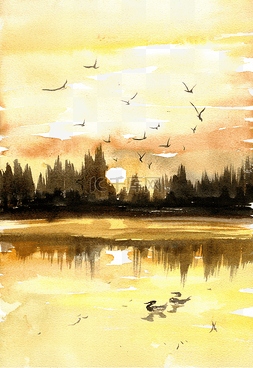 水墨画的飞鸟图片_夕阳下的湖
