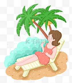 夏日沙滩椰子树图片_沙滩边晒太阳美女PNG免抠图