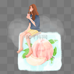 女孩坐在冰块上喝水蜜桃果汁PNG