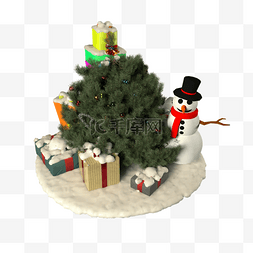 小圣诞树下的礼物盒和小雪人