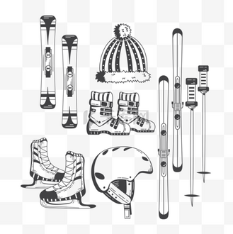 手绘黑色冬季滑雪工具