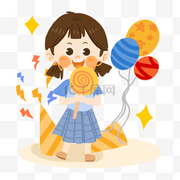 六一气球图片_儿童节可爱女孩吃棒棒糖PNG素材