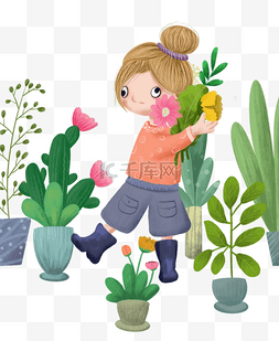 绿色家居装饰图片_手绘卡通站在盆栽中间的女孩免扣