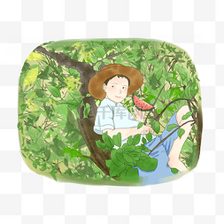卡通西瓜树图片_手绘水彩夏日小人插画