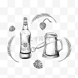 黑色开瓶器图片_手绘风格素描黑白啤酒小麦