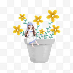 夏天小清新女孩图片_坐在花盆上的小女孩