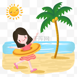 夏天小女孩在沙滩边玩