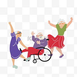 老人听歌图片_轮椅手绘老人跳舞开心插画