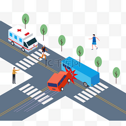 蓝色汽车插画图片_手绘卡通交通碰撞汽车插画