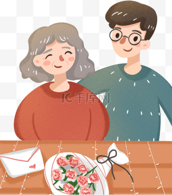 母亲节免抠素材图片素材手绘卡通母亲节桌子前的母子免扣元素
