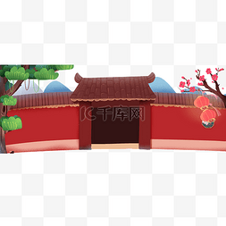 中国风古风建筑红墙松树