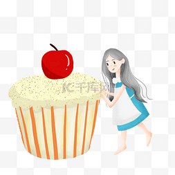 甜品海报蓝色图片_简约看着蛋糕的女孩插画海报免抠