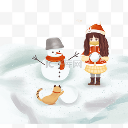 女孩小猫堆雪人玩耍