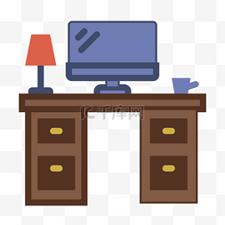 办公桌椅电脑图片_咖色办公桌电脑插画