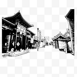 中国画线描图片_古镇街景速写