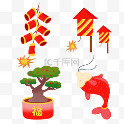 新春发财树图片_新年鞭炮炮竹金鱼贴纸