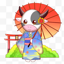 纸伞卡通图片_拿着日本纸伞的穿着和服的牛