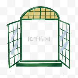 窗户免抠素材图片_卡通复古绿色门窗免抠图