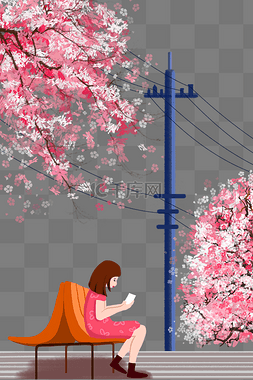 樱花树下短发女孩坐着看书