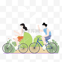 绿色手绘自行车图片_手绘卡通夏季游玩骑车插画