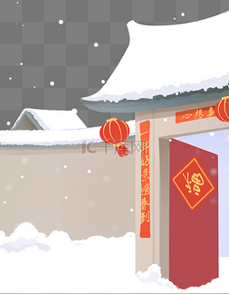 春节雪景图片_新年春节灯笼下雪雪地房门