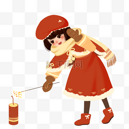 红衣服的女孩图片_手绘卡通放鞭炮的女孩免扣元素