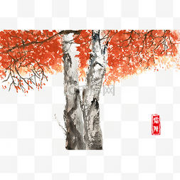 树写实手绘图片_霜降红色叶子的树