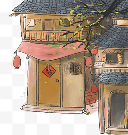 古代建筑水墨图片_中国风古风水墨建筑树枝