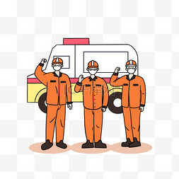 卡通消防员消防车图片_手绘卡通消防员口罩加油插画