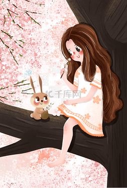 樱花树上女孩和小兔