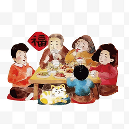 吃年夜饭的人图片_卡通一家人吃年夜饭免抠图