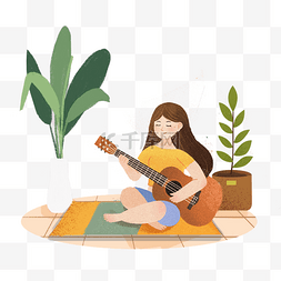 小女孩坐在垫子上学习吉他素材