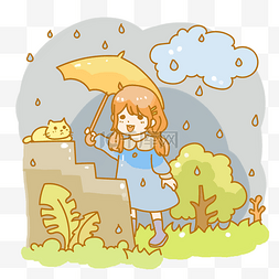 下雨打伞的女孩图片_给流浪猫打伞的女孩