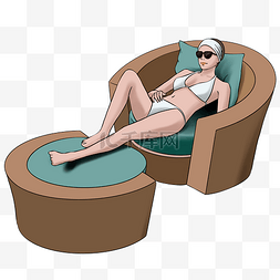 沙滩美女躺椅图片_夏季在海边躺椅上休闲的美女