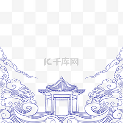 线描风景图片_线描国潮海浪云朵