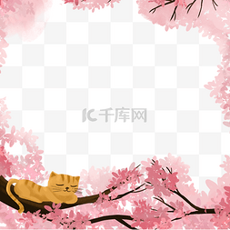 春天花海小清新图片_卡通红色的大树和猫咪