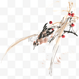 手绘草叶图片_俯视的小鸟水墨画PNG免抠素材