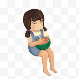 小女孩坐关吃西瓜免抠图