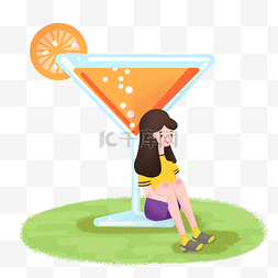 气泡橙汁图片_夏天女孩靠在饮料旁休息