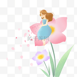 手绘花朵人物插画图片_坐在花朵上撒花瓣的女孩