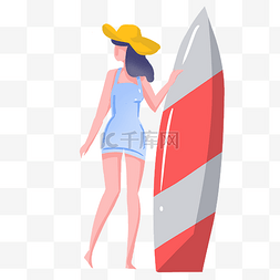 夏季红色冲浪板女孩插画