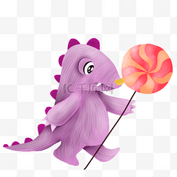 小恐龙红色图片_吃棒棒糖的紫色恐龙
