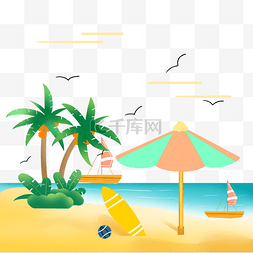 夏日插画图片_手绘矢量椰子树遮阳伞冲浪板海滩