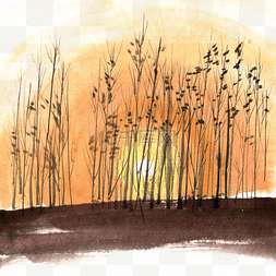 黄昏下的石狮图片_水墨画小树林的黄昏