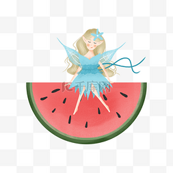 卡通可爱水果少女图片_坐在西瓜上的小精灵