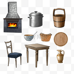 厨房厨具图片_复古家具厨房餐桌炉子