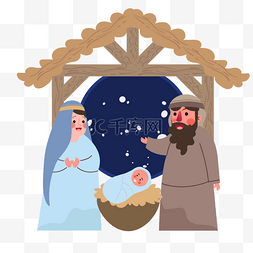 耶稣降临图片_木屋星空背景nativity scene圣诞节扁