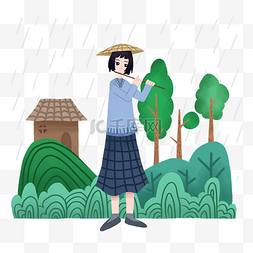 春雨吹笛子的女孩插画